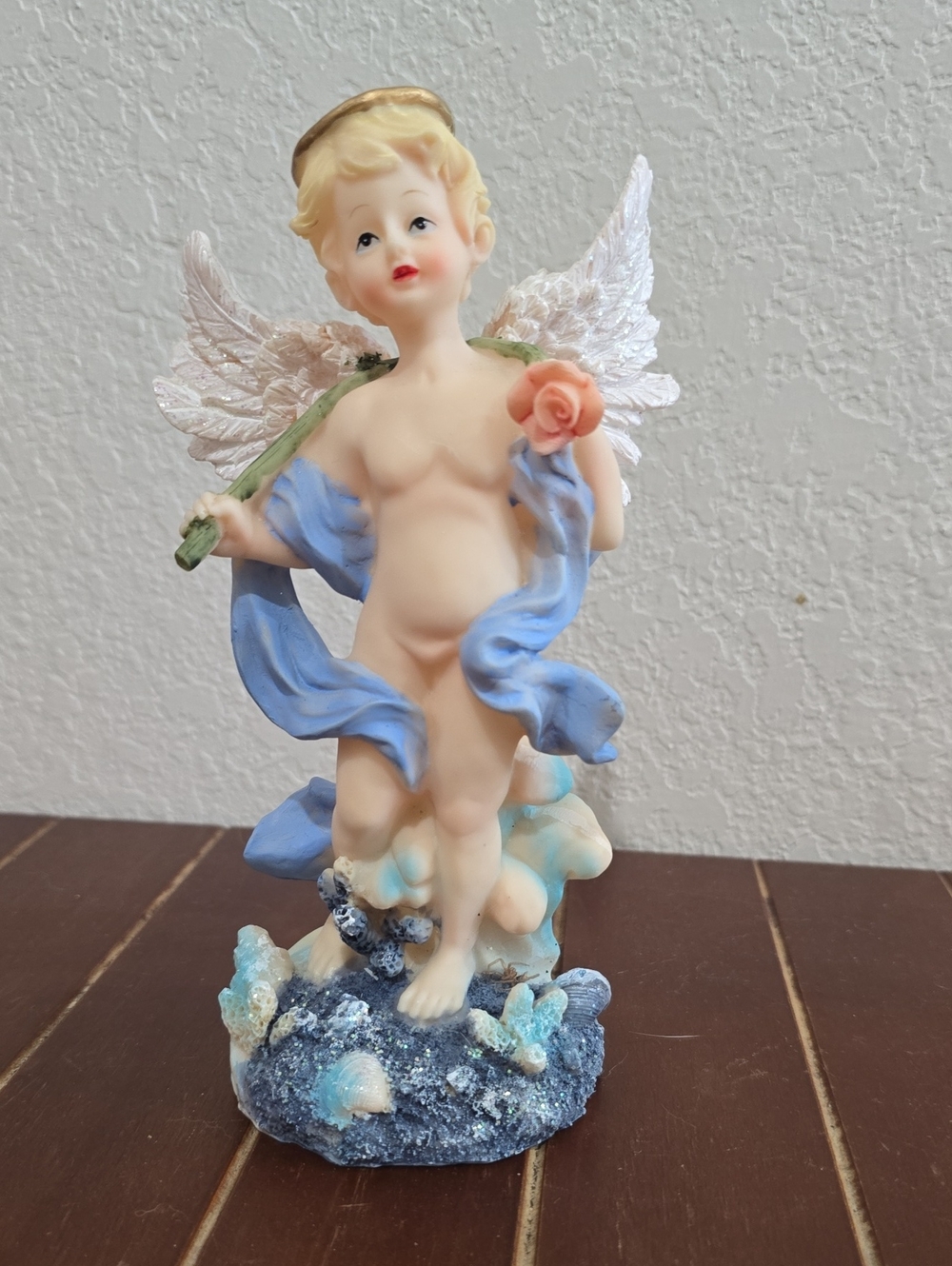 Cherub Angel Figurine with Blue Drapery and Pink Rose
